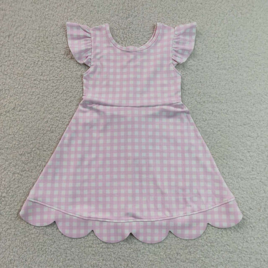 GSD3796 Pink Checkerd Flutter Sleeve Girls Knee Length Scalloped Yoga Zipper Dress