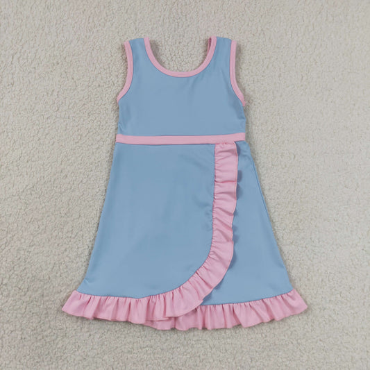 GSD4144 Blue & Pink Girls Sleeveless Ruffle Yoga Zipper Dress