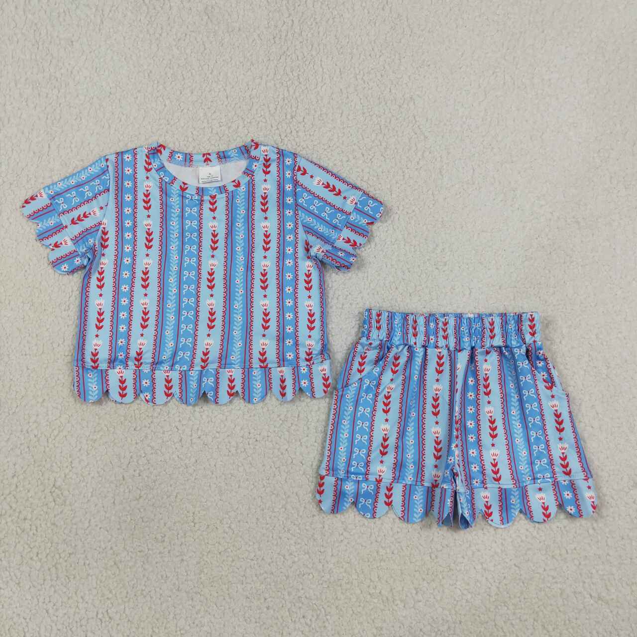 Flowers Stripes Baby Girls 4th of July Scalloped Clothes Set