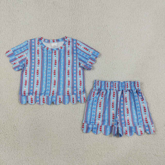 GSSO3554 Flowers Stripes Baby Girls 4th of July Scalloped Clothes Set
