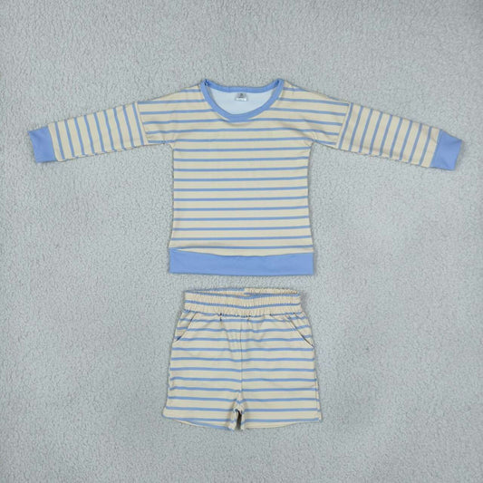 GLS0125 Blue Yellow Striped Girls Long Sleeve Top Pockets Shorts Yoga Outfits