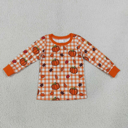 BT1929 Pumpkin Leaf Orange Checkered Print Boys Fall Long Sleeve Tee Shirts Top