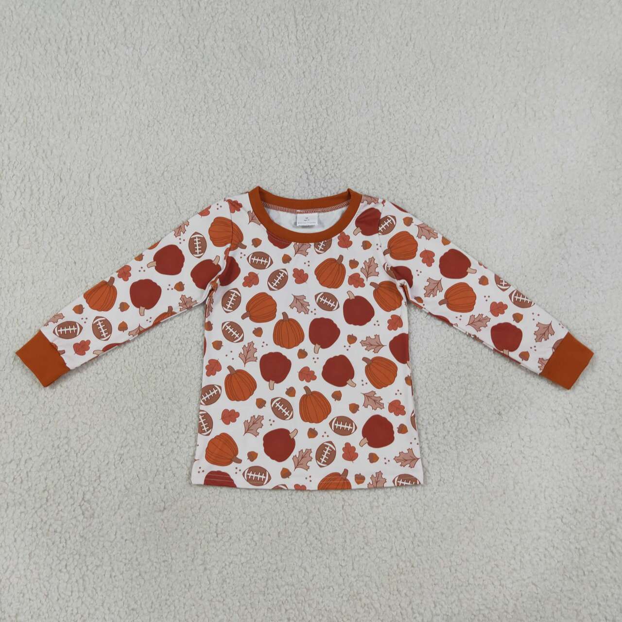 BT1928 Football Pumpkin Leaf Print Kids Boys Fall Long Sleeve Tee Shirts Top