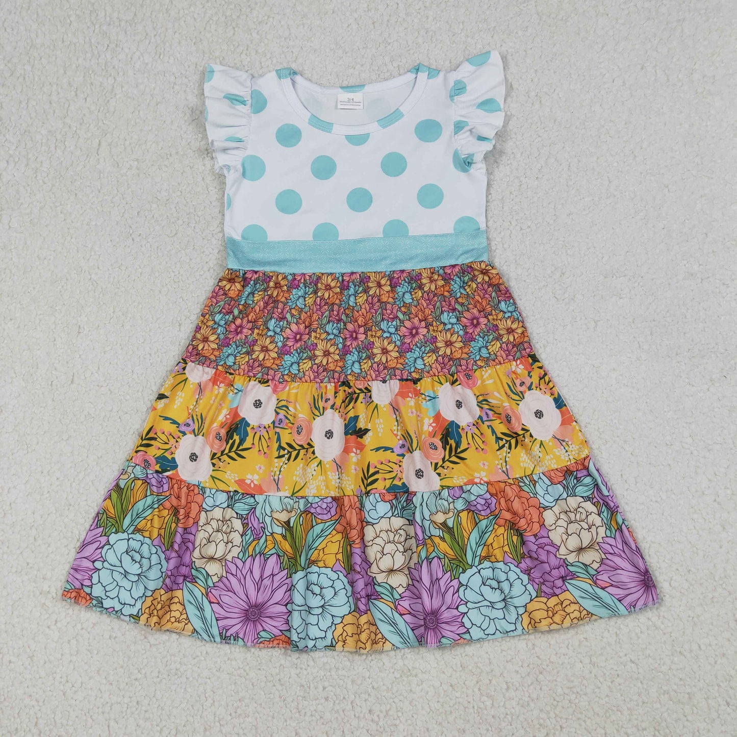 (Promotion) Toddler GIrls Vintage Floral Blue Polka Dot Flutter Sleeve Dress