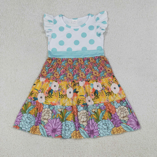 (Promotion) Toddler GIrls Vintage Floral Blue Polka Dot Flutter Sleeve Dress