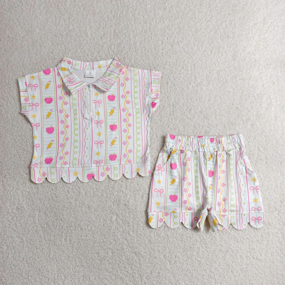 GSSO3582 Pencils Flowers Zipper Top Scallop Short Girls Back to School Clothes Sets