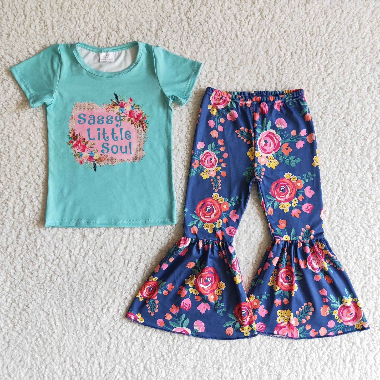 (Promotion)Sassy short sleeve floral print bell bottom pants outfits C11-4