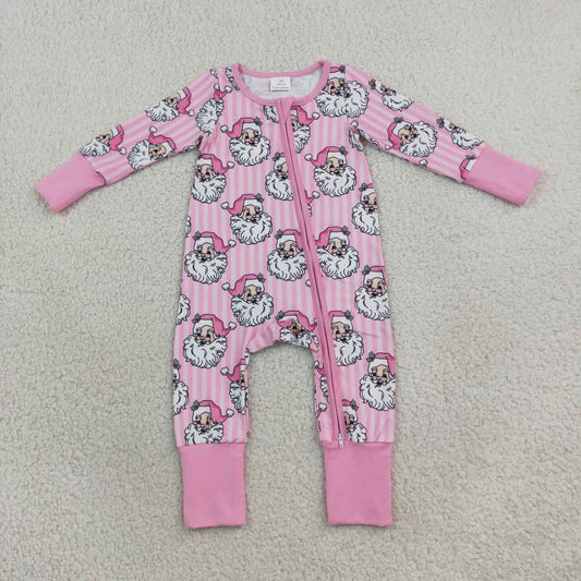 LR3125 Santa Pink Stripes Print Baby Girls Christmas Zipper Sleeper Romper