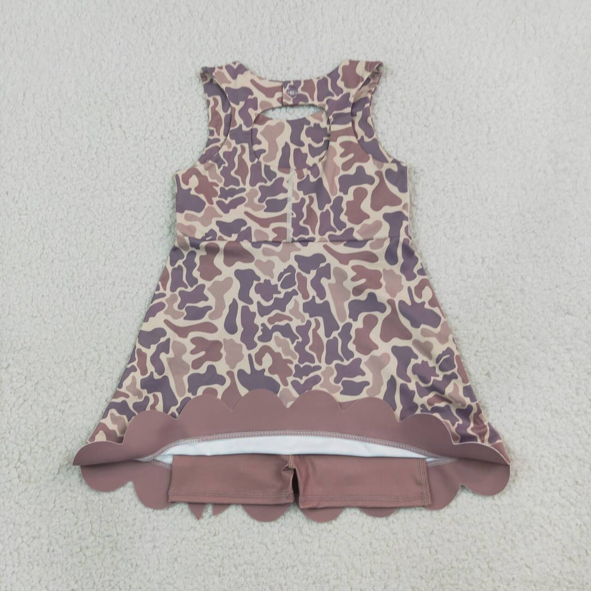 Brown Camo Girls Sleeveless Scallop Bows Yoga Dress