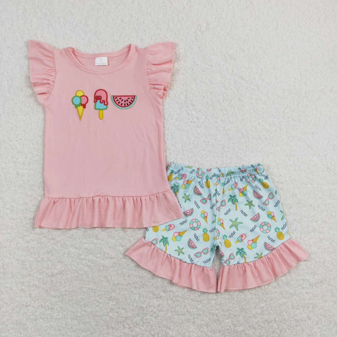 GSSO0509 Watermelon Embroidery Pink Top Ruffle Shorts Girls Summer Clothes Set