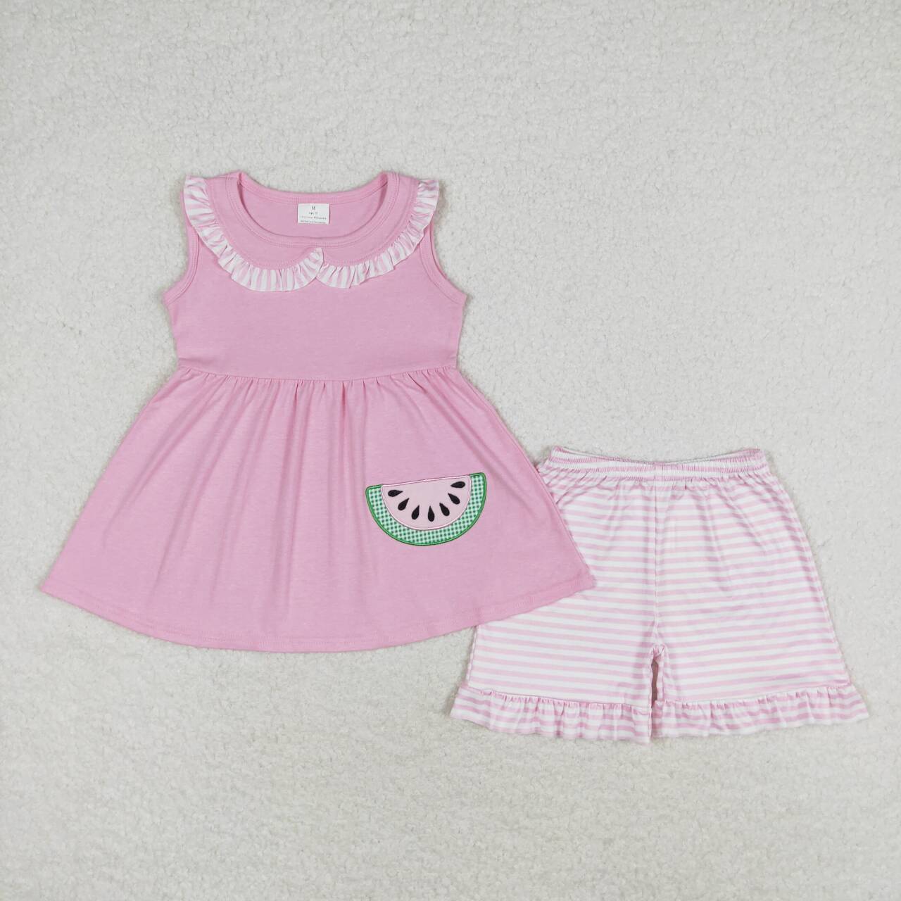 GSSO1055 Watermelon Embroidery Doll Collar Tunic Top Pink Stripes Shorts Girls Summer Clothes Set