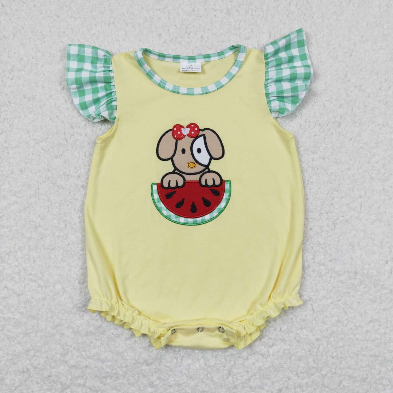 SR0789 Puppy Watermelon Embroidery Baby Girls Flutter Sleeve Romper