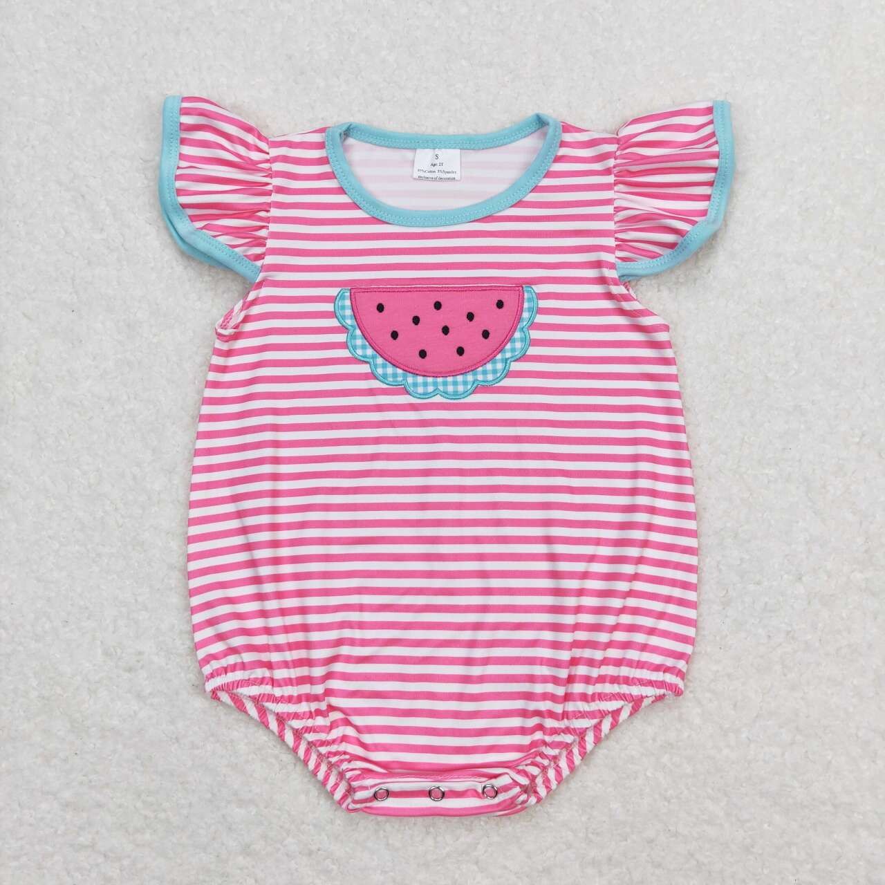 SR1268 Watermelon Embroidery Pink Stripes Baby Girls Flutter Sleeve Romper