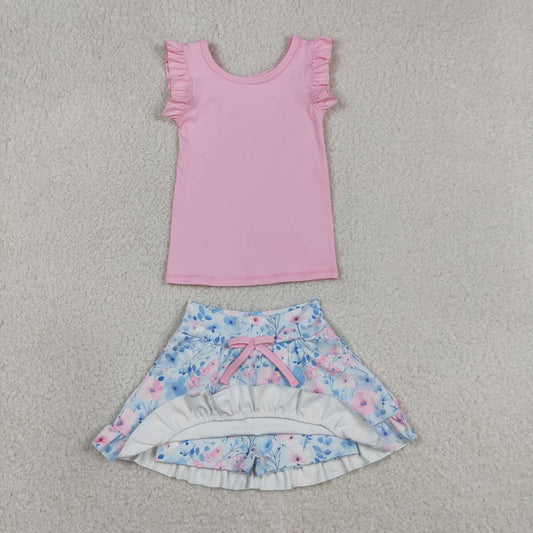 GSD3773 Baby Girls Pink Vest Blue Pink Floral Skort Yoga Active Outfits