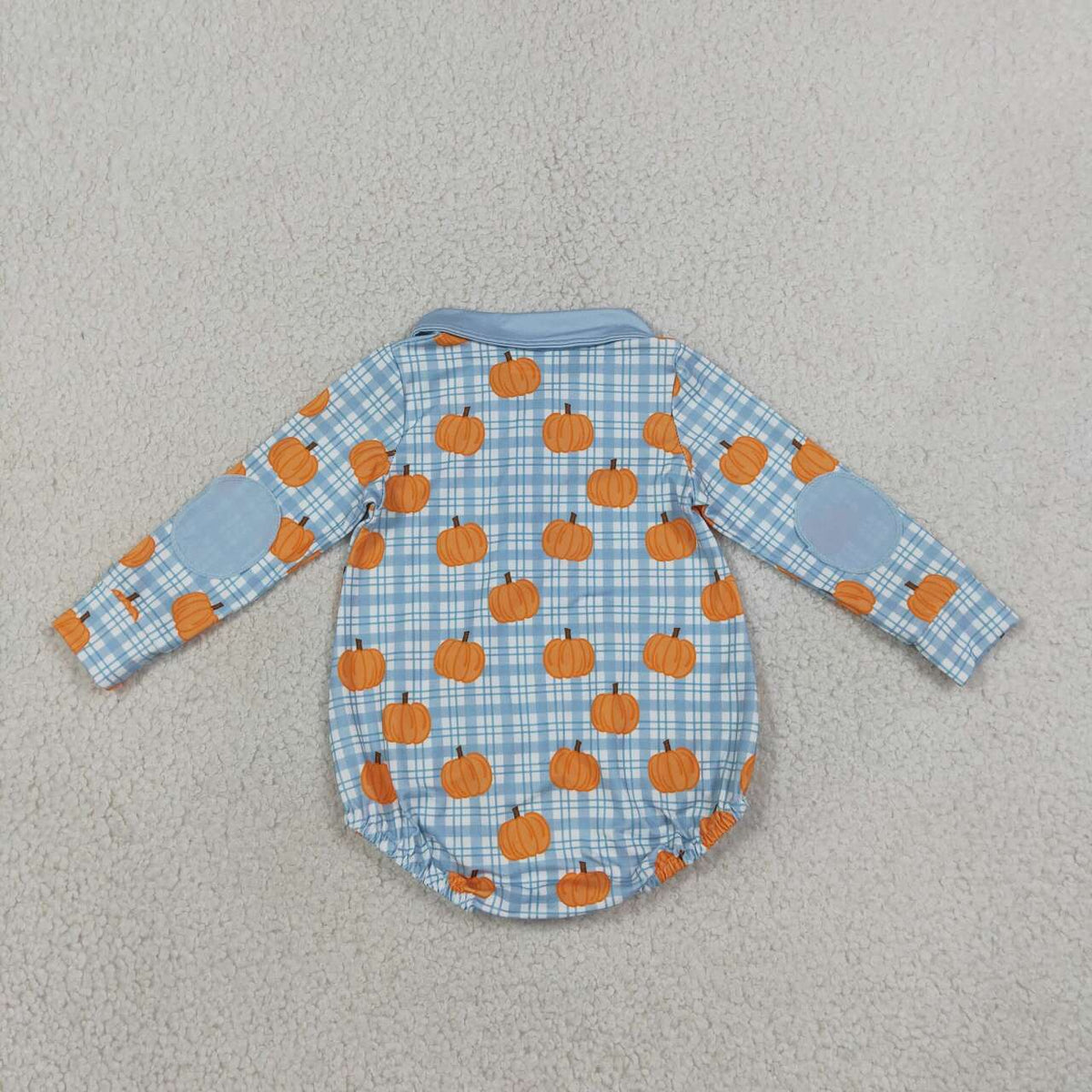 LR3201 Pumpkin Checkered Blue Baby Boys Fall Long Sleeve Zipper Romper