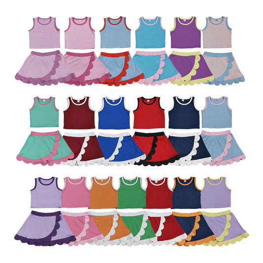 20 Solid Colors Tank Top Scallop Edge Skort Baby Girls Active Clothes Set Sisters Yoga Outfits