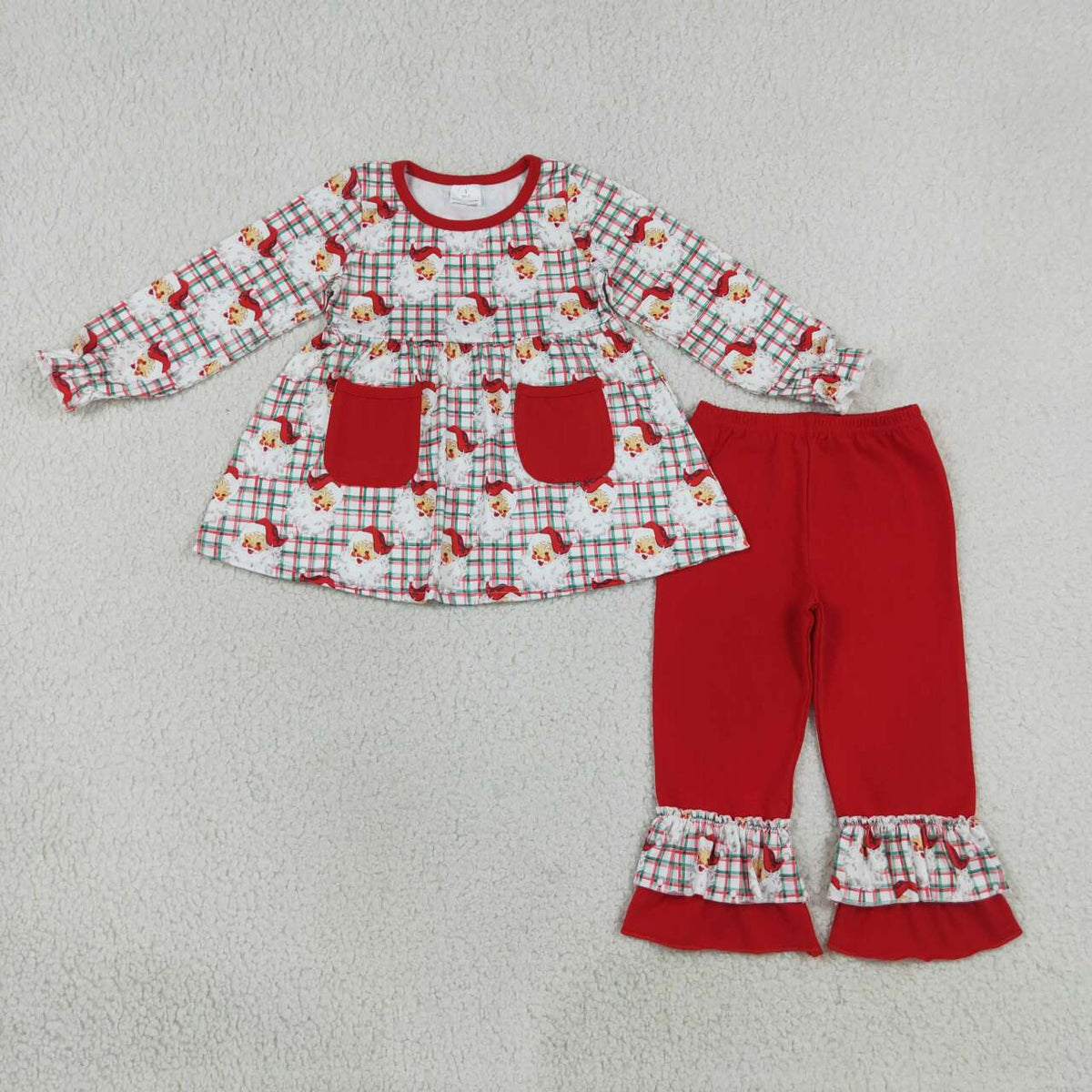 GLP3457 Santa Checkered Pockets Tunic Top Red Ruffle Pants Girls Christmas Clothes Set