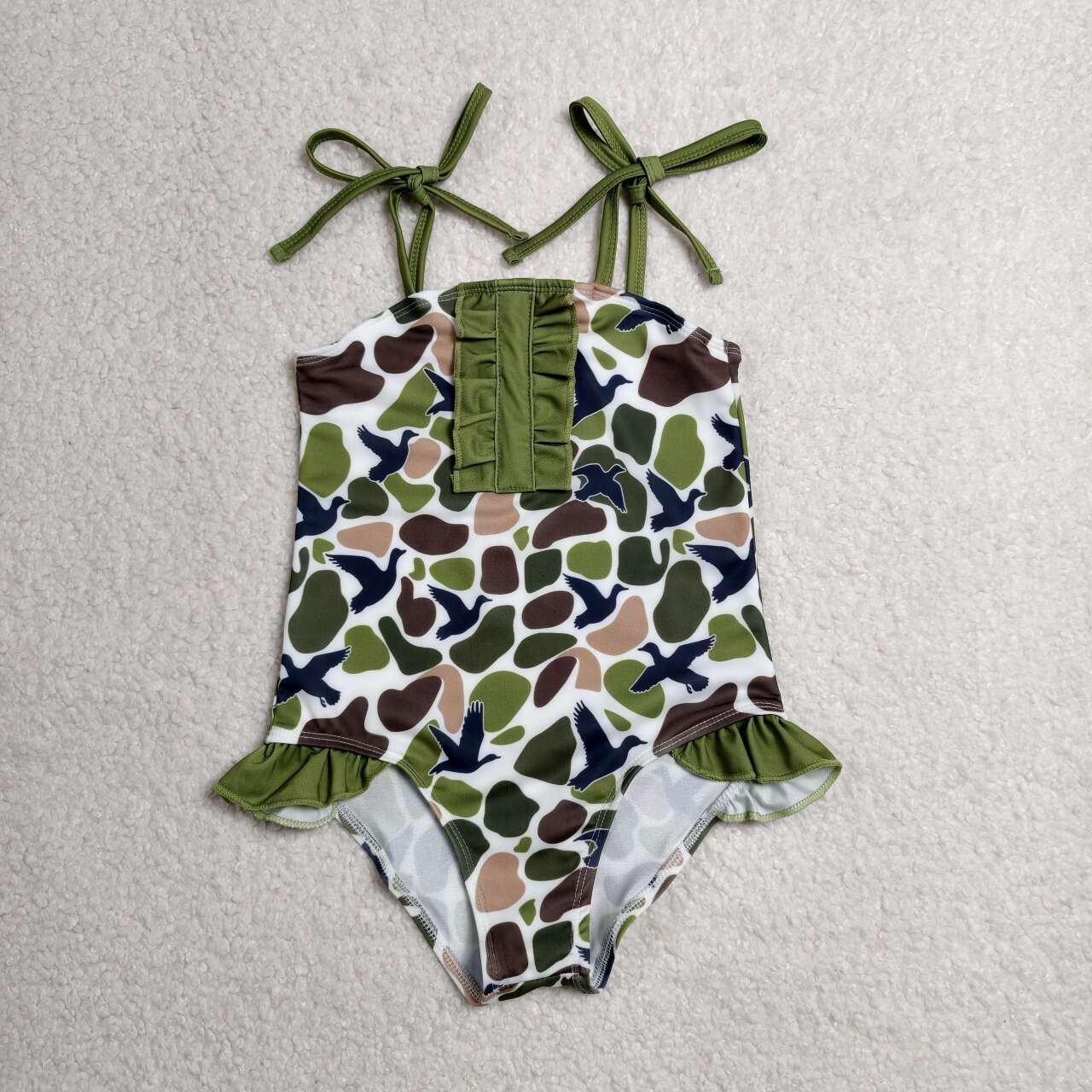 S0744 Duck Green Camo Print Ruffle Girls 1 Piece Strap Swimsuits