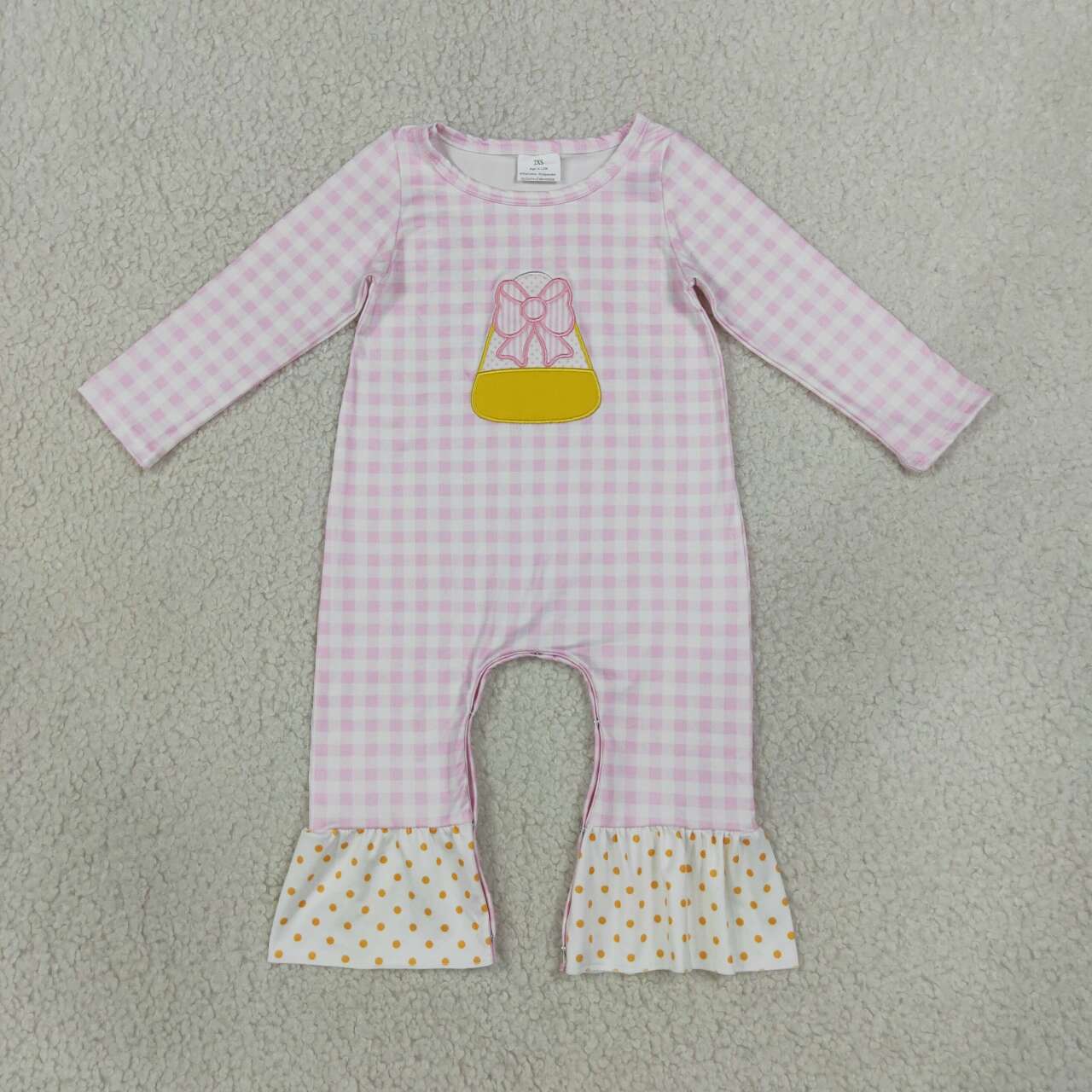 Baby Girls Halloween Candy Corn Pink GIngham Long Sleeve Romper
