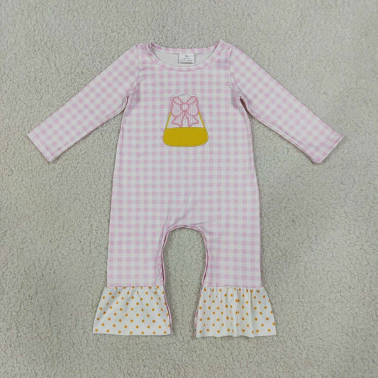 LR3022 Candy Embroidery Pink Checkered Baby Girls Halloween Romper