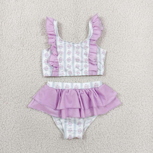 S0644 Purple Floral Stripes Print Baby Girls 2 Pieces Swimsuit With Ruffle