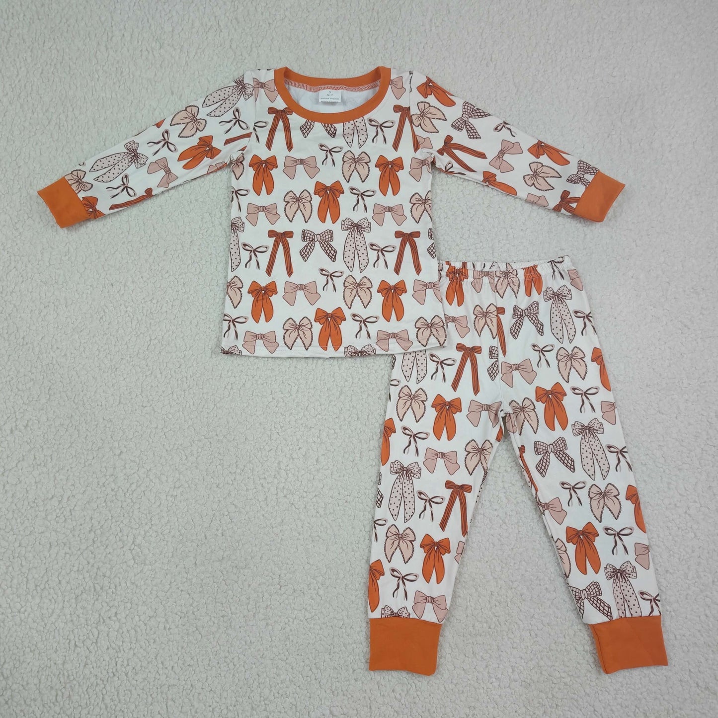GLP3531 Brown Bows Print Long Sleeve Pants Girls Pajamas Clothes Set