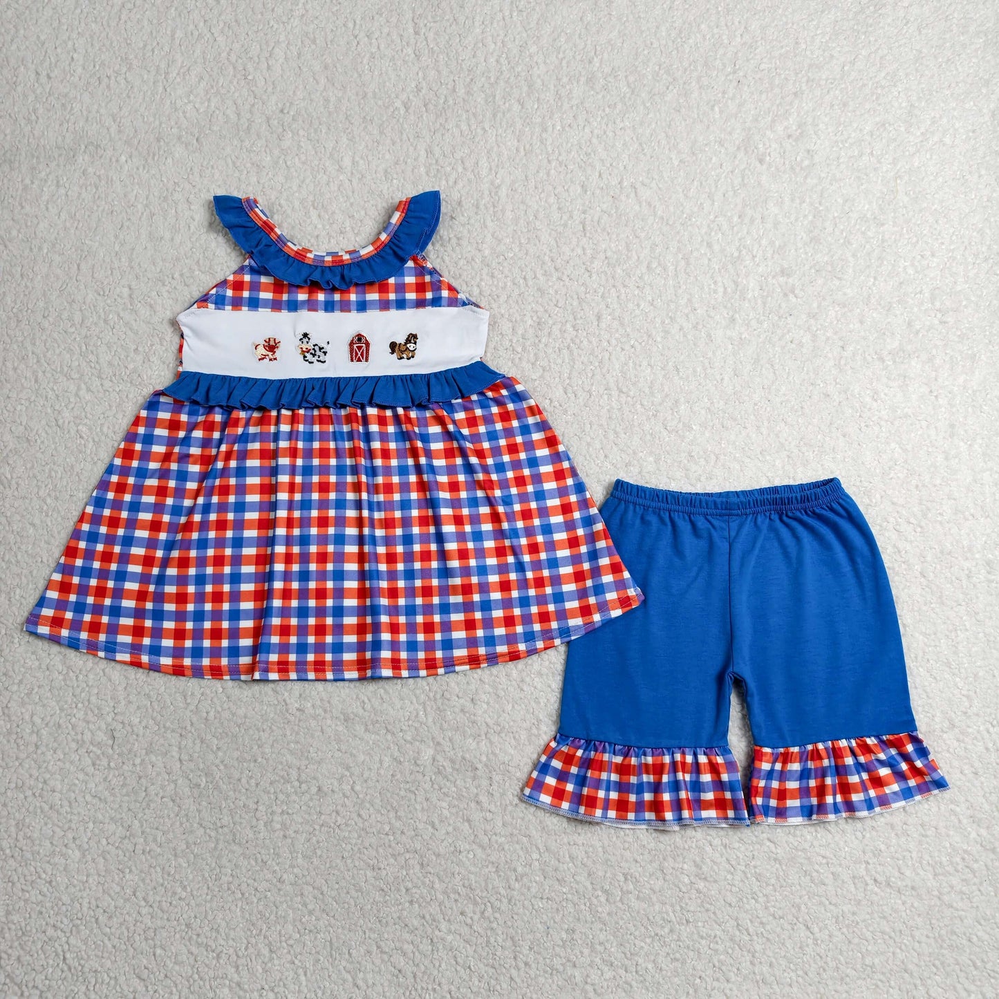 GSSO3056 Farm Animals Embroidery Checked Tunic Top Ruffle Shorts Baby Girls Clothes Sets
