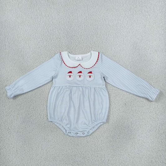 LR3136 Santa Embroidery Blue Stripes Baby Girls Christmas Long Sleeve Bubble Romper