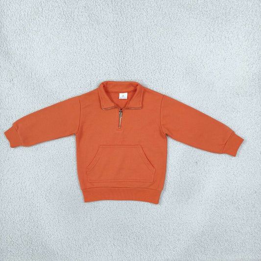 GT1765 Orange Cotton Kids Long Sleeve Zipper Pullover Sweatshirt Top
