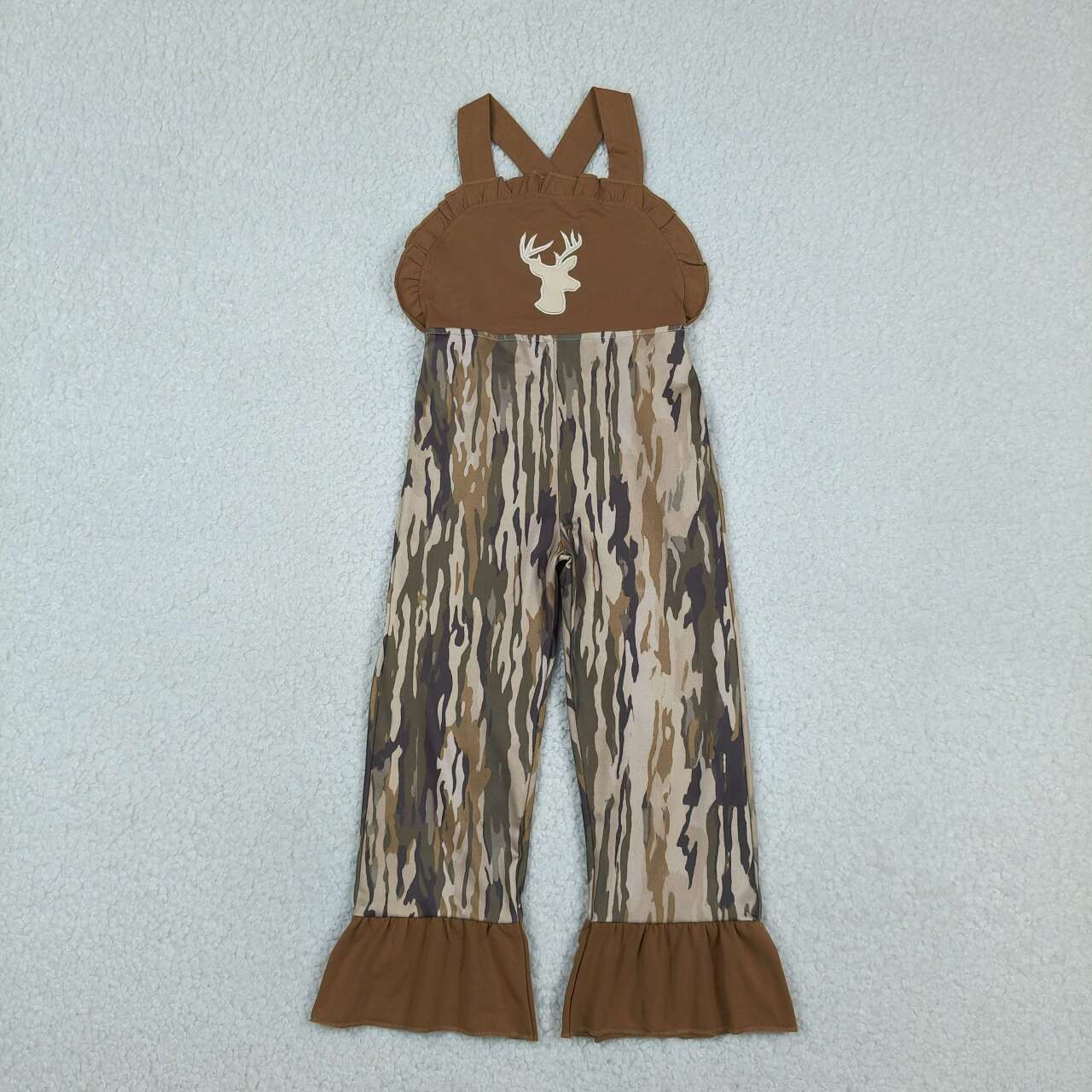 Deer Embroidery Overalls - Baby Girls Camo Brown Ruffle Trim Hunting Print Jumpsuits