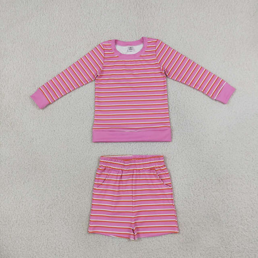 GLS0126 Pink Striped Girls Long Sleeve Top Pockets Shorts Yoga Outfits