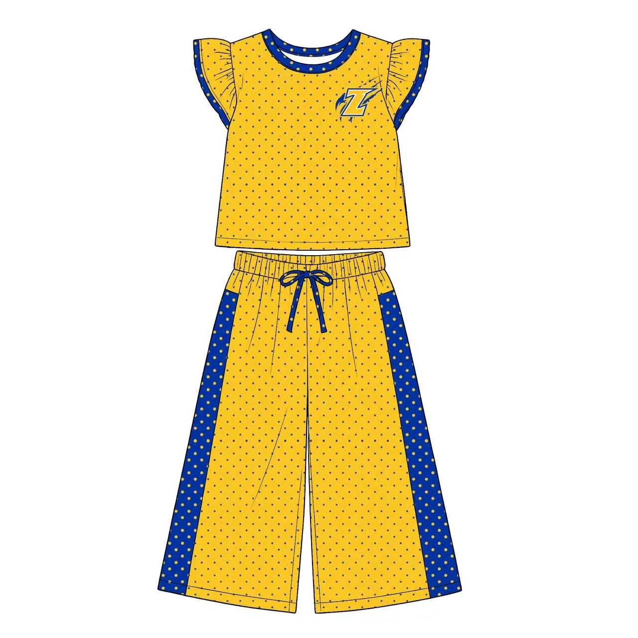 (Custom Design Preorder MOQ 5) Teams Zayalla Eagles Yellow Polka’d Dots Straight Pants Girls Clothes Set