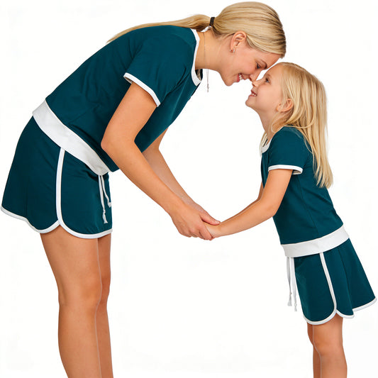 Mommy and Me Teal & White Contrast Trim Matching Set | Short Sleeve Top & Skort Outfit for Mother Daughter