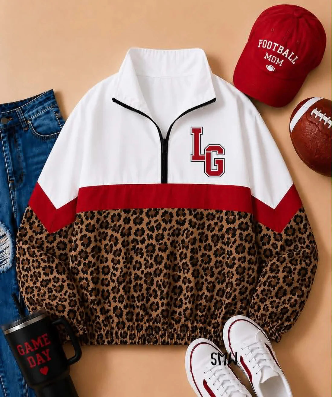 (Custom Preorder MOQ 5) Baby Boys Long Sleeve White Red Leopard LG Team Zip Pullovers Tops