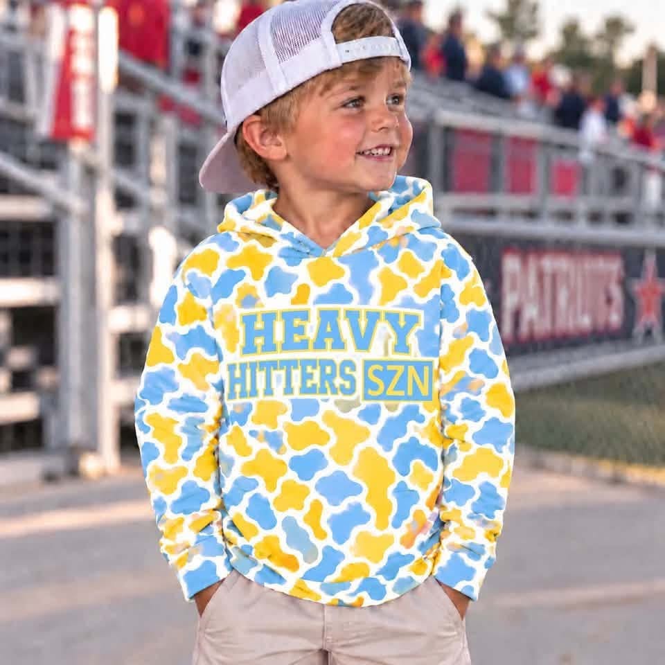 (Custom Design Preorder MOQ 5) Heavy Sport Team Blue Yellow Camo Print Boys Hoodie Top