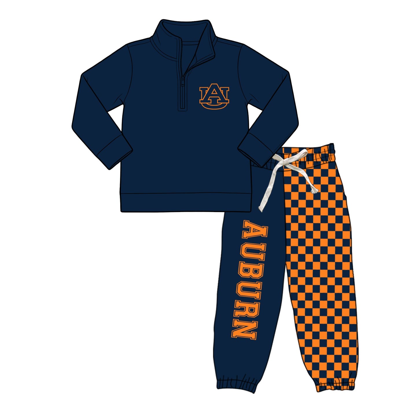 (Custom Design Preorder MOQ 5) Teams Auburn Navy Zipper Pullover Top Joggers Pants Boys Fall Clothes Set