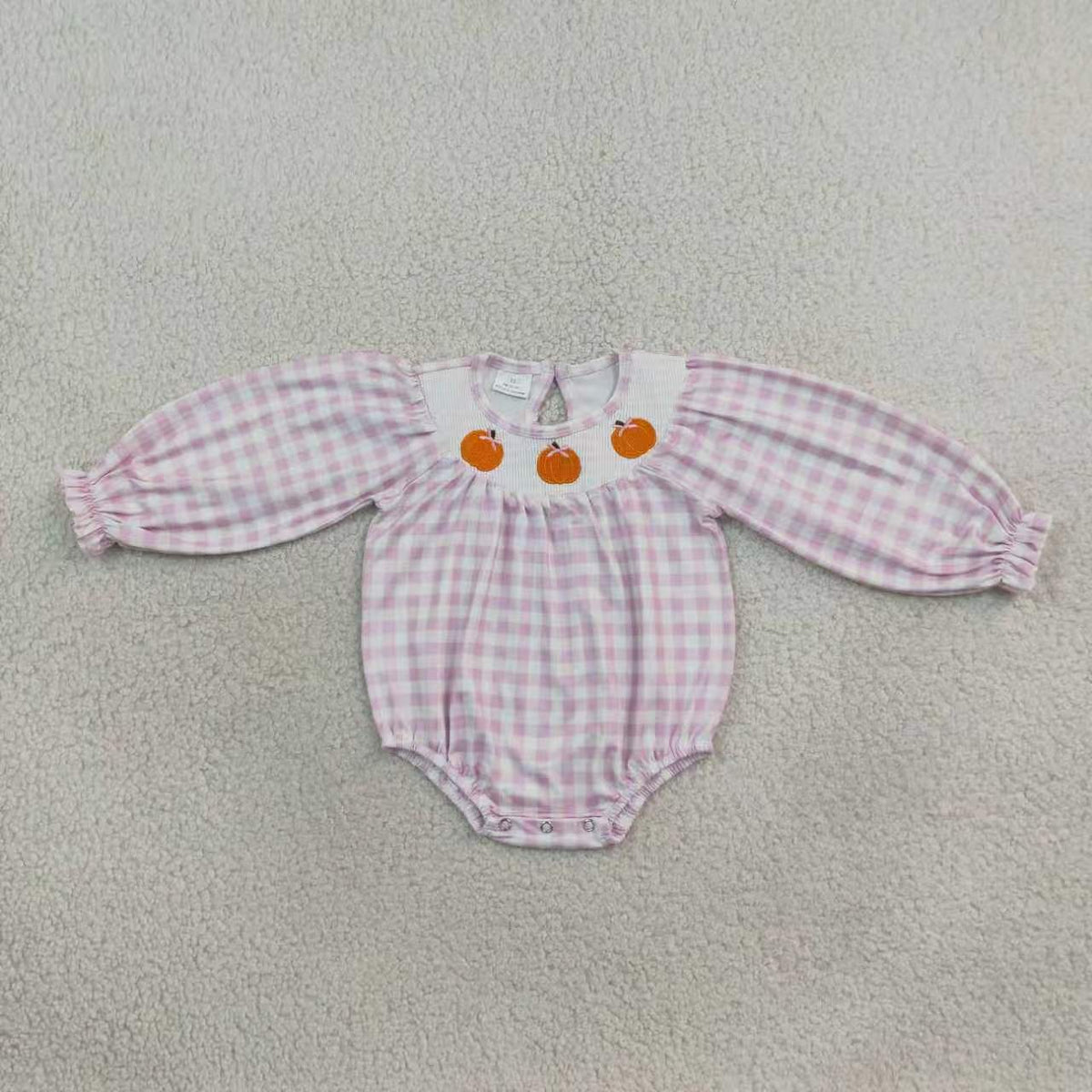 Sibling Baby Girls Embroidery Pumpkin Gingham Long Sleeve Smocked Dress and Bubble Romper