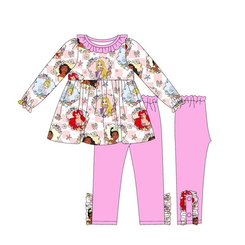 (Custom Design Preorder MOQ 5) Cartoon Princess Flowers Plaid Tunic Top Legging Pants Girls Clothes Set