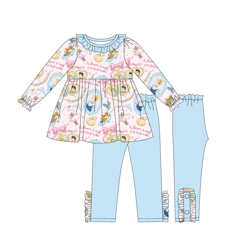 (Custom Design Preorder MOQ 5) Cartoon Princess Pumpkin Tunic Top Legging Pants Girls Clothes Set