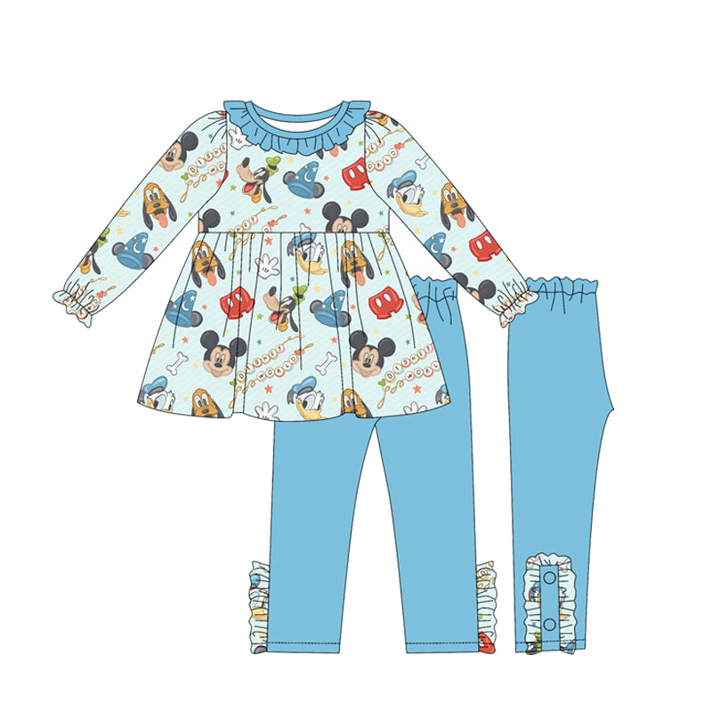 (Custom Design Preorder MOQ 5) Cartoon Mouse Blue Tunic Top Legging Pants Girls Clothes Set