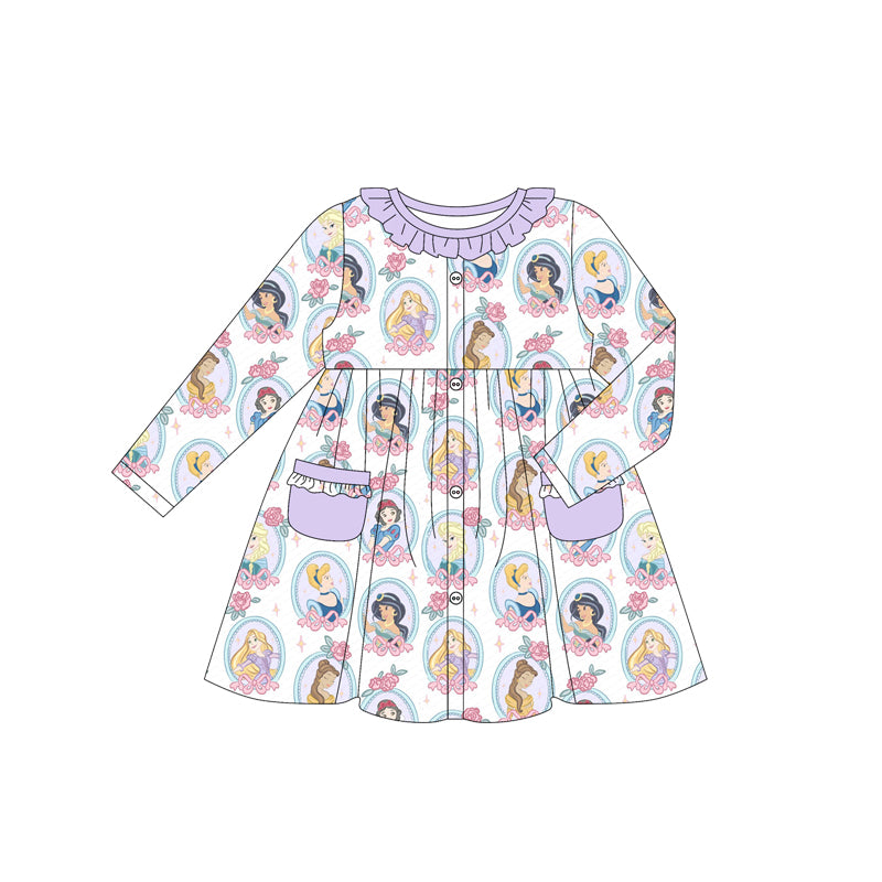 (Custom Design Preorder MOQ 5) Cartoon Princess Flowers Bows Print Girls Long Sleeve Pockets Dress