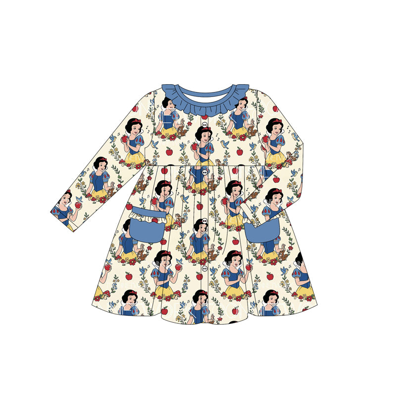 (Custom Design Preorder MOQ 5) Cartoon Princess Apple Print Girls Long Sleeve Pockets Dress