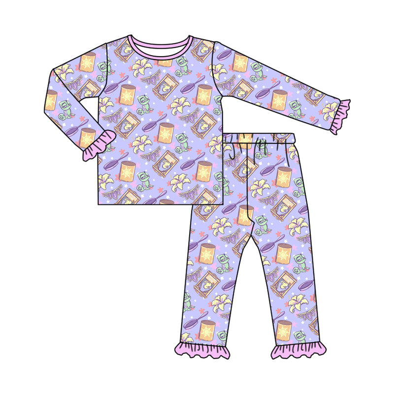 (Custom Design Preorder MOQ 5) Cartoon Princess Rapunze* Purple Print Girls Pajamas Clothes Set