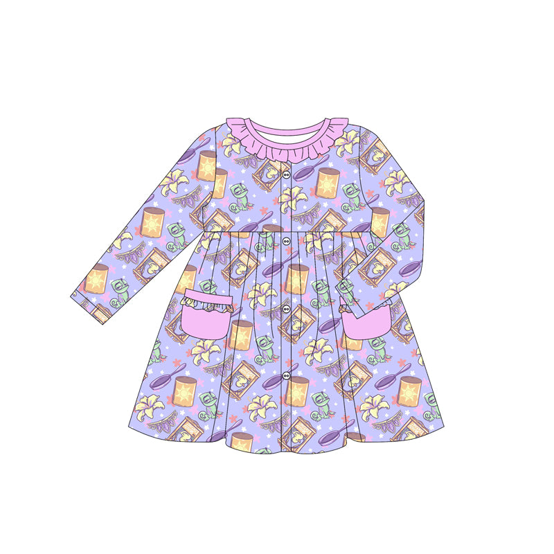 (Custom Design Preorder MOQ 5) Cartoon Princess Rapunze* Purple Print Girls Long Sleeve Pockets Dress