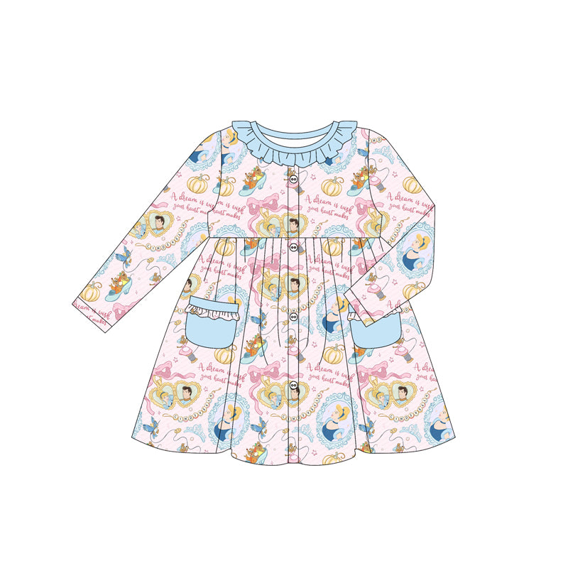 (Custom Design Preorder MOQ 5) Cartoon Princess Pumpkin Print Girls Long Sleeve Pockets Dress