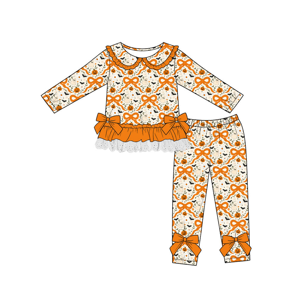 (Custom Design Preorder MOQ 5) Pumpkin Ghost Bows Bat Ruffle Top Legging Pants Girls Halloween Clothes Set