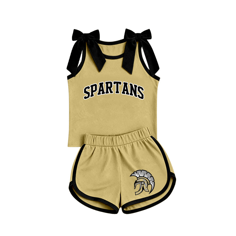 (Custom Design Preorder MOQ 5) Teams Spartans Bows Vest Top Gold Shorts Mommy and Me Summer Clothes Set