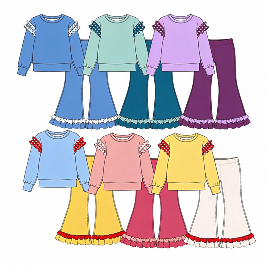 (Custom Design Preorder MOQ 5 Each) Cartoon Princess Blank Cotton Girls Ruffles Clothes Set Sisters Wear