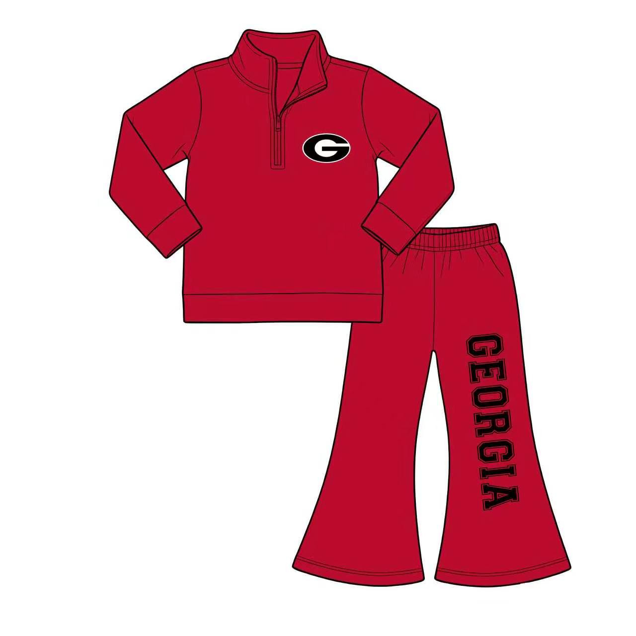(Custom Design Preorder MOQ 5) Teams Georgia Red Zipper Pullover Top Bell Pants Girls Fall Clothes Set