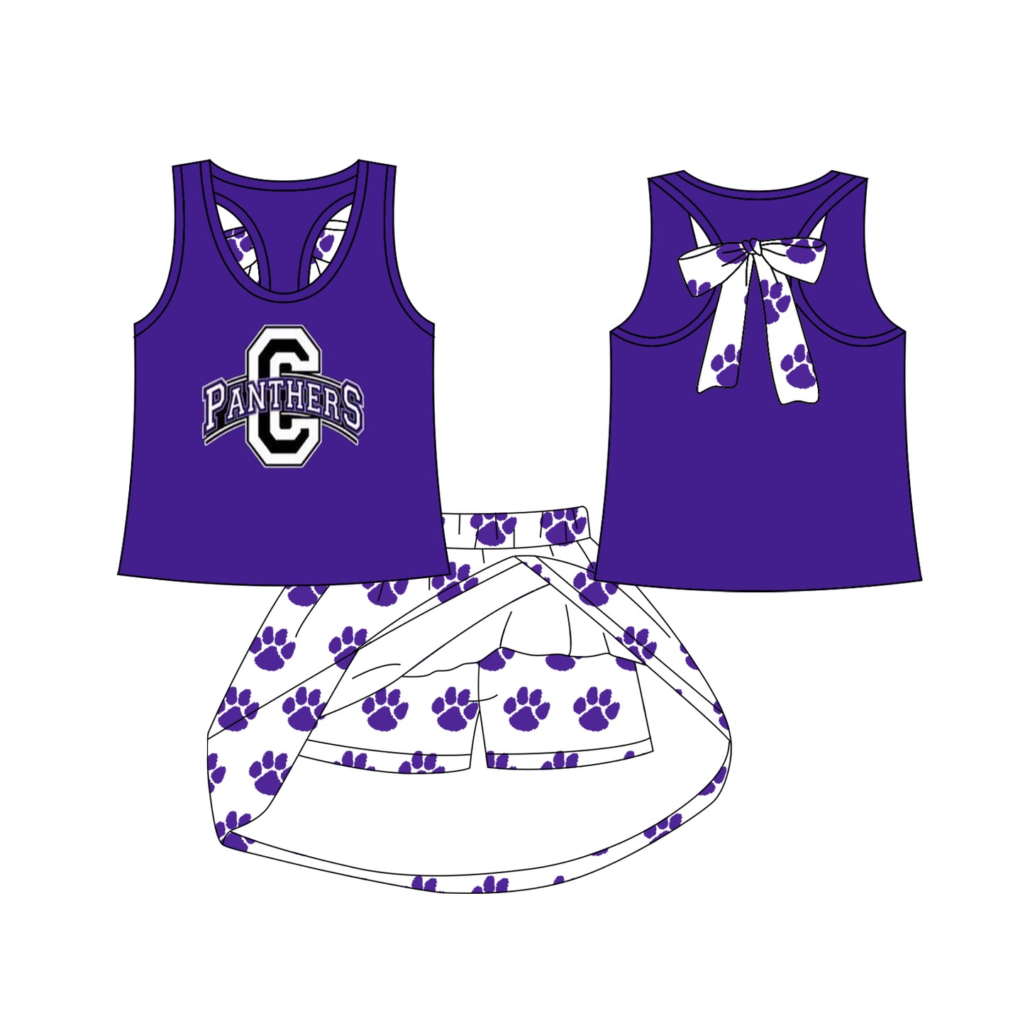 (Custom Design Preorder MOQ 5) Girls Sport Team Panters Purple Tank Top With Skort Set
